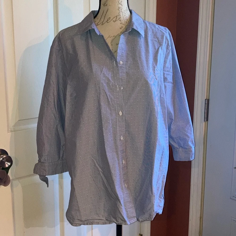 Roz & Ali Swiss Dot Casual Button Down Collared 3/4 Sleeve Top Blue White Large - Picture 2 of 8